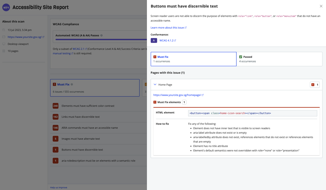 Fig 3: A screenshot showing how the Accessibility Site Report makes recommendations for improvements.