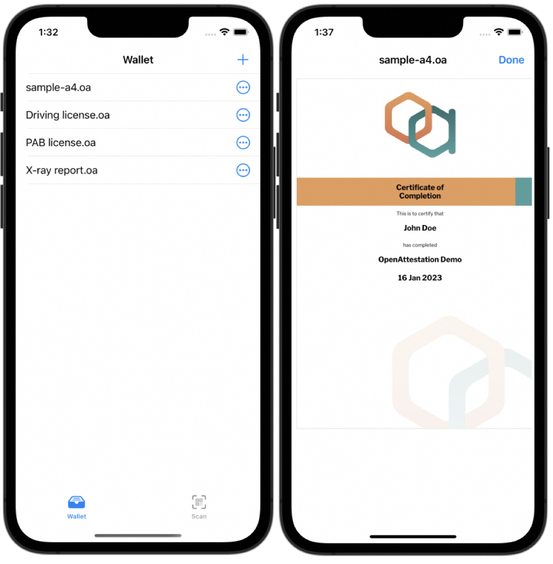 Fig 1: Screenshots of the OpenAttestation (OA) Wallet App.