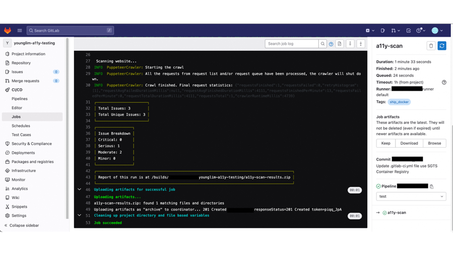 Fig 5: A screenshot of tthe GitLab pipeline running an accessibility scan.